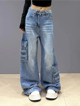 Bxoxo Street Vintage Cargo Jeans Women New Y2K Harajuku Wash Blue Multiple Pockets Baggy Jeans Denim Pants Bf High Waist Wide Trousers