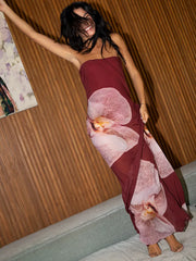 BXOXO Floral Print Strapless Sexy Maxi Dress For Women Gown Patchwork Off-shoulder Backless Sleeveless Print Long Dress