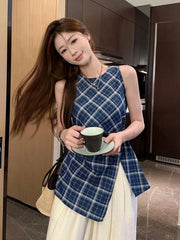 Bxoxo Vintage Slit Plaid Tanks Women Casual O Neck Sleeveless Korean Retro Tanks Summer Simple Design Female Elegant Tops New