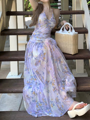 BXOXO Fashion Holiday Style Floral Print Halter Dresses Sleevelwss Slim fit Mesh Fairycore Women Long Dresses