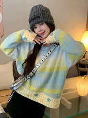 Bxoxo Hole Y2K Gradient Striped Sweater Women Vintage Preppy Style Long Sleeve Knitted Pullovers Casual O Neck Buttons Sweet Jumper