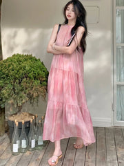 Bxoxo Pink Tie Dye Beach Long Dress Women Elegant Casual Sleeveless Sweet Tanks Dress Casual Vintage Summer Lady Loose Long Dress