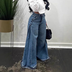 Bxoxo Blue Washed Women Flared Jeans Harajuku Y2k Oversized Wide Leg Spliced Tassel Denim Pants Baggy American Retro Trousers