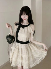 Bxoxo Off Shoulder Bow Sweet Dress Women Vintage O Neck Casual Elegant Mini Dress Lace Patchwork Retro Slim Lady Summer Vestidos