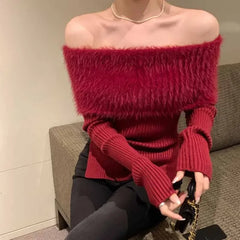 Bxoxo Off Shouder Sexy Sweaters Mink Cashmere Vintage Red Knitwear Top Jumper Y2k Clothes Pullover Pull Femme Black Sueter Mujer