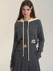 Bxoxo Vintage Streetwear Hooded Cardigan Women Long Sleeve Hollow Out Patchwork Knitted Sweaters American Retro Lace Up Lace Tops