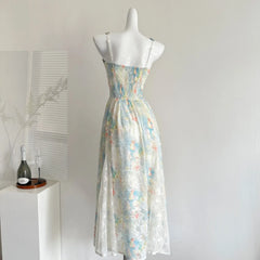 Bxoxo French Style Floral Print Summer Long Dress Sleeveless Princess Sleeve Polo Collar Regular Waistline Spring Outing Travel Clothe