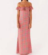 BXOXO Women Off Shoulder Long Dress Slim Dot/Plaid Tie-up Cut Out Ruffle Sleeve Backless Bodycon Dress for Party Club