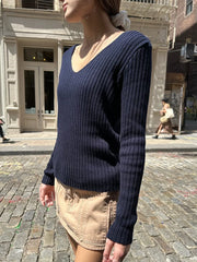 Bxoxo Vintage Navy Knitted Sweaters Women 2023 Autumn Sweet V Neck Long Sleeve Slim Y2k Tops Ladies Harajuku Cute Cotton Pull Sweater