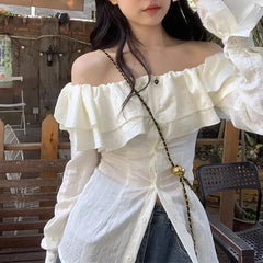 BXOXO Women Fashion Double Layered Ruffle Sexy Off Shoulder Shirts Casual Street Sweet Chic Blouse Female Solid Slim Long Sleeve Tops