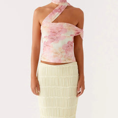 BXOXO Y2k Strapless Floral Tube Top with Neck Scarf Shirt One Shoulder Mesh Ruched Crop Tank Going Out Top for Women