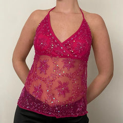 BXOXO Women's Sequin Halter Tank Tops Sleeveless V-Neck Backless Slim Fit Sheer Mesh Vest Y2k Sparkle Club Party Rave Outfit