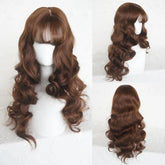 BXOXO Long Wavy Brown Wig with Bangs Synthetic Women Lolita Cosplay Fluffy Natural Heat Resistant Hair Wig for Daily Party