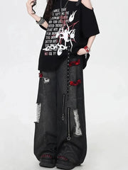 Bxoxo Y2K Gothic Hole Jeans Women American Streetwear Loose Patchwork Wide-Leg Denim Pants High Waist Hip Hop Grunge Straight Trousers