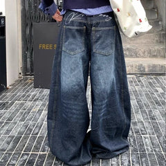 Bxoxo Y2k Letter Embroidery Washed Women Jeans Vintage Harajuku Wide Leg Denim Pants Baggy Gyaru Scimitar Trousers Streetwear