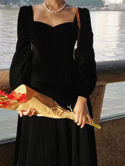 Bxoxo Elegant Velvet Midi Dress Women Vintage Korean Slim V Neck A Line Fairy Dress Female Autumn Long Sleeve All-Match Party Vestidos