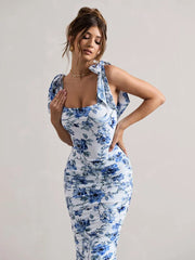 BXOXO Floral Print Backless Sexy Maxi Dress For Women Gown Spaghetti Strap Square Collar Ruched Bodycon Club Party Dress