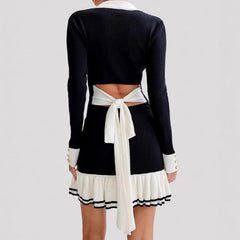 Bxoxo Elegant Black Knitted Mini Dresses Women Sweet V-neck Long Sleeve Party Dresses Sexy Bow Retro Ruffle Knitwear Dresses