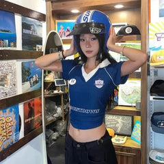 Bxoxo Vintage Letter Graphic Print V Neck Women T-Shirts Short Sleeve American Sporty Style Crop Tees Slim Streetwear Gyaru