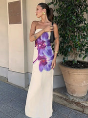 BXOXO Floral Print Strapless Sexy Maxi Dress For Women Gown Off-shoulder Backless Sleeveless Elegant Long Dress Fashion