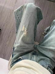 Bxoxo Streetwear Women Hole Jeans Summer High Waist Loose Washed Wide Leg Pants Bf Harajuku Hip Hop Patchwork Tassels Denim Trousers