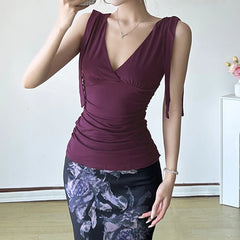 Bxoxo Elegant Ladies Solid Tank Top Vintage 2000s Folds V-neck Sleeveless Skinny Knitted Crop Tops Women Casual Summer Tees y2k