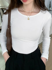 2024 Basic T Shirt Women Cotton High waist Long Sleeves Elasticity Thin T-shirt O-neck Female Casual Solid Slim Top Tees