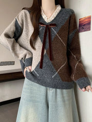 Bxoxo Sweet Bow Argyle Sweaters Women Retro Preppy Style Loose Knitted Pullover Lace Patchwork Long Sleeve Female Vintage Jumpers Fall