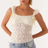 BXOXO Women Sexy Lace Sleeveless Cami Shirts Solid Color See Through V Neck Slim Fit Tank Tops Vintage Going Out Blouse