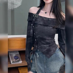 Bxoxo Fashion Slash Neck T Shirt Women Korean Elegant Off Shoulder Irregular Women Tops Harajuku Tie Dye Long Sleeve Pullovers