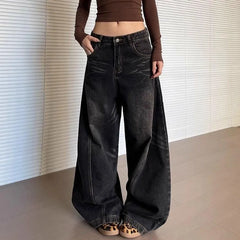 Bxoxo Vintage Washed Black Women's Jeans Wide Leg American Style High Waist Baggy Denim Pants Casual Straight Trousers New