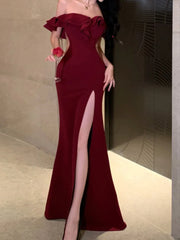 BXOXO Sexy Bodycon Long Dresses for Women Wedding Evening Party Prom Robe Ruffles Slash Neck High Split Hollow Out Summer New Vestido