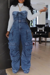 BXOXO Plus Size Fashion Streetwear Denim Jumpsuit Women's Loose Pants Jumpsuit Plus Size Multi-pocket Strapless Jeans