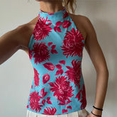 BXOXO Boho Graphic Print Backless Camis Women Y2k Halter Tank Top Vintage Sleeveless Tie Up Crop Top Summer Vest Streetwear