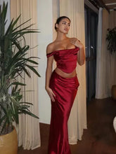 Bxoxo Wine Christmas Dress Women Satin 2 Piece Dress Set Elegant Bodycon Corset Cropped Top and Long Skirt Women Clothing