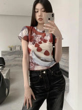 BXOXO Chic See Through Mesh Tops Short Sleeve Crop Top T Shirt Print Cake Graphic Tees Women Clothes Korean Style E Girl Y2k