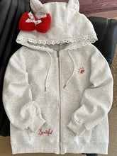 Bxoxo Kawaii Print Bow Hoodies Women Sweet Lace Patchwork Long Sleeve Cute Sweatshirts Japan Loose Pockets Letter Female Zipper Tops