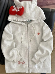 Bxoxo Kawaii Print Bow Hoodies Women Sweet Lace Patchwork Long Sleeve Cute Sweatshirts Japan Loose Pockets Letter Female Zipper Tops