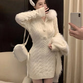 BXOXO Autumn Winter Elegant Women Sweater Christmas Red Slim Fur Patchwork Hooded Knitted Dress Female Korean Knitwear Hoodie Tops