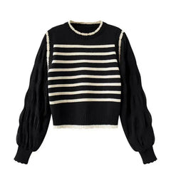 Bxoxo women Black and white striped fake two-piece knitted sweaters pring and autumn Korean soft glutinous pullover sweater female