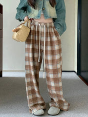 Bxoxo Vintage Faux Woolen Plaid Pant Women High Waist Soft Loose Wide Leg Trousers Casual Female Fall Winter Pockets Retro Y2K Pants