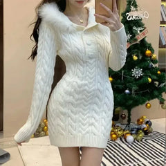 BXOXO Autumn Winter Elegant Women Sweater Christmas Red Slim Fur Patchwork Hooded Knitted Dress Female Korean Knitwear Hoodie Tops
