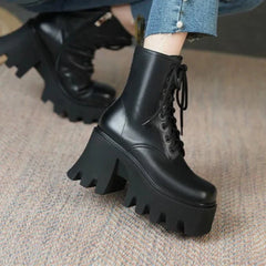 BXOXO Punk Goth Ankle Boots Women Black Chunky Wedge Platform Shoes Woman Lace Autumn Patent Leather Footwear Lady Botas Mujer