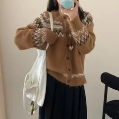 Bxoxo Fair Isle Sweater Cardigan Women Long Sleeve Button-Up Crewneck Knitted Jacket Cardi Female Knitwear Fall Winter Vintage Outfit