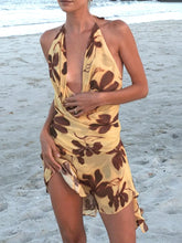 BXOXO Halter Print Sexy Mini Dress For Women Robe Elegant Deep V Neck Sleeveless Backless Ruffled High Waist Beach Dress