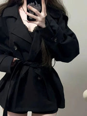 Bxoxo Y2K Black Coats for Women Korean Loose Elegant Double Breasted Lace Up Trench Jacket Ropa Mujer Streetwear Lapel Blend Outerwear