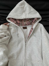 Bxoxo Retro Patchwork Plaid Gray Hoodie Women Autumn Zipper Cardigan Tops Versatile Loose Casual Outerwear Female