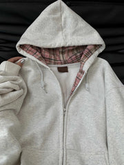 Bxoxo Retro Patchwork Plaid Gray Hoodie Women Autumn Zipper Cardigan Tops Versatile Loose Casual Outerwear Female