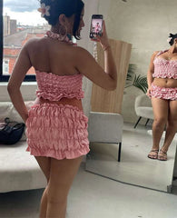 BXOXO Solid Women 2Piece Set Sexy Summer Elastic Halter Backless Slim Crop Tanks+Matching Ruched Ruffle Skirts Clubwear