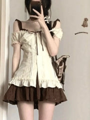 BXOXO Elegant Vintage High Waist Vest Dress for Women+ Y2k Long Sleeve Cardigan Tops Mujer 2025 Early Autum New Two Piece Sets